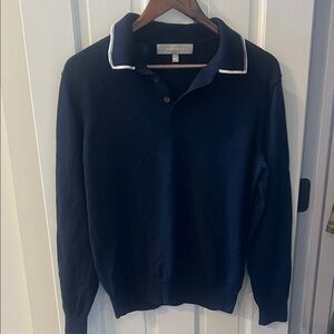 Neiman Marcus Navy Polo-Style Sweater with White Piping